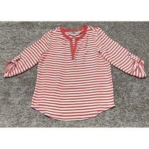 Valerie Stevens Women's Small Blouse Tunic Pink/Coral & White Stripes Sheer